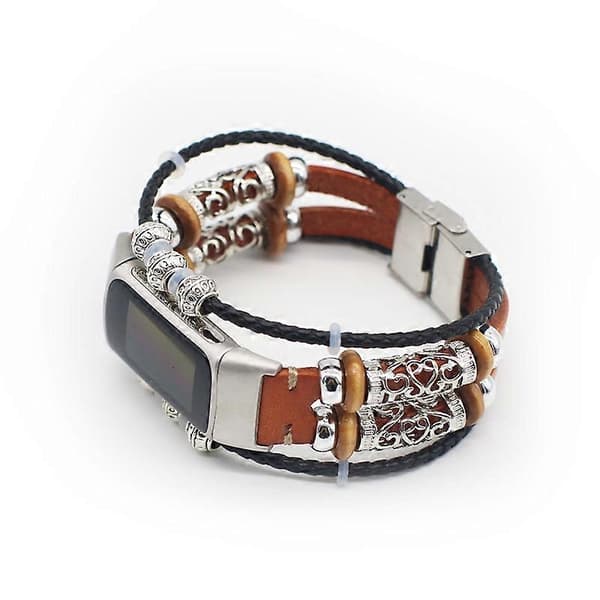 Fasjonabelt design dekorasjon flettet lærreimerstatning for Fitbit Charge 6/5 - Brun Multicolor Brown