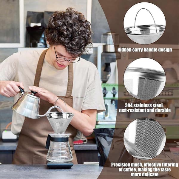 Genanvendeligt kaffefilter, kaffefilter i rustfrit stål til at lave håndværkskaffe, permanent kaffefilter, sølv, 12,35*8,5 cm