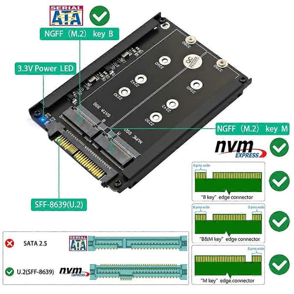 [zd]M.2 SSD til U.2 SFF-8639 Nøgle B+M Adapter NVMe SATA SSD til PCIe3.0 Konverter til stationære computere Dataoverførsel