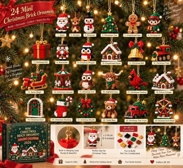 Adventskalender 2026 med 24 byggeklodser, 3D julepynt, DIY byggesæt og julepynt med ophængsøjer