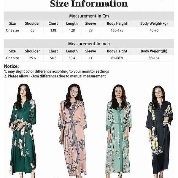 Lang kimono i silke til kvinder, blomstret, silkeblød satin, let, blød og behagelig morgenkåbe til damer, rosa TA