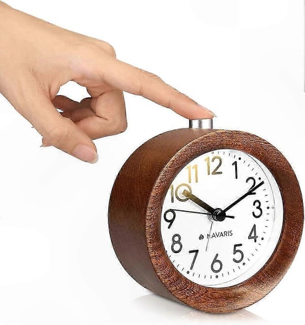 Retro väckarklocka i trä med snooze och ljus - Tyst analog bordsklocka för sovrum eller kontor Dunkelbraun