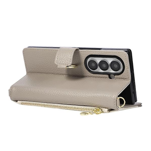 Kompatibel med Samsung Galaxy Z Fold8 Ultra Plånboksfodral Triangulär skarvning Dragkedja Läder Telefonfodral med handledsrem Grey