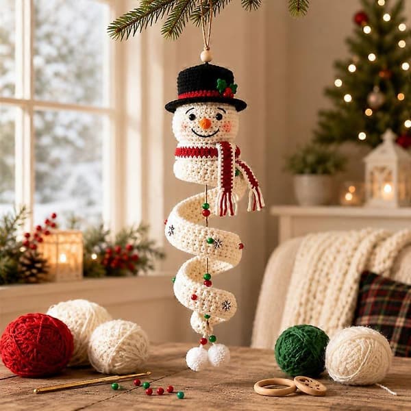 Crochet Snowman Spiral Hanging Ornament DIY Kit, Beginner Friendly Christmas Knitting Set with Tutorial, Handmade Holiday Wall Window Porch Decor A