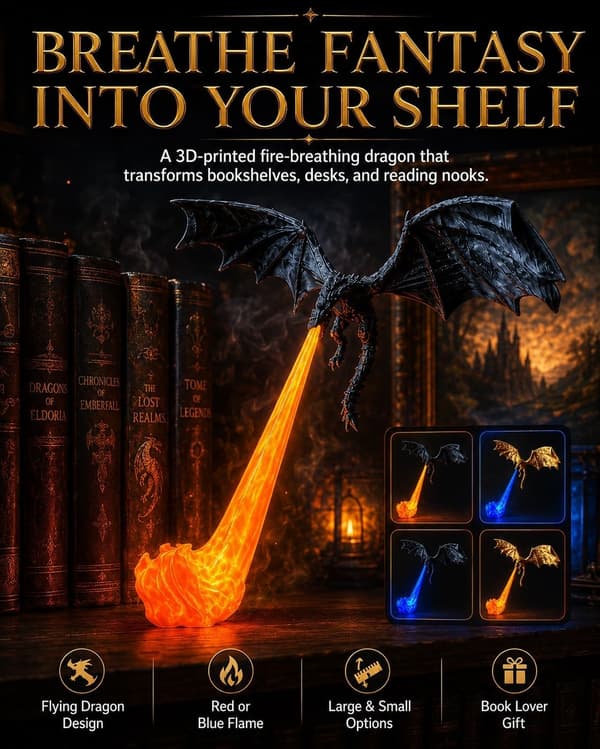 Dragon Book Lamp, 3D Printed Flying Fire-Breathing Bookshelf Decoration | Winged Dragon Large and Small Options Blue Flame Blue Flame S