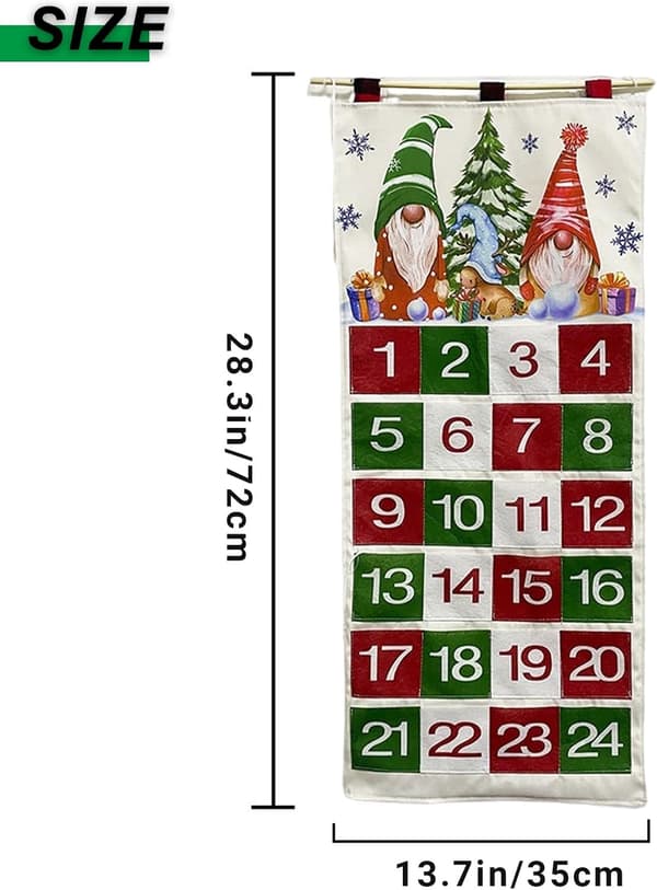Julekalender i stoff med 24 nummererte lommer, fyllbar med bilder