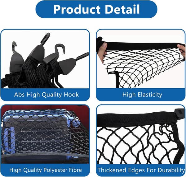 Bagagerumsnet til bil 60x40cm Bagagenet med 4 kroge Elastisk Lastnet Organizer Bilopbevaringsnet til lastbiler, SUV'er