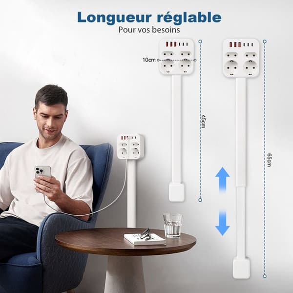 Strømskinne med 4 uttak, 3 USB-A og 3 USB-C, 45-65 cm uttrekkbar kabel, 360° rotasjon
