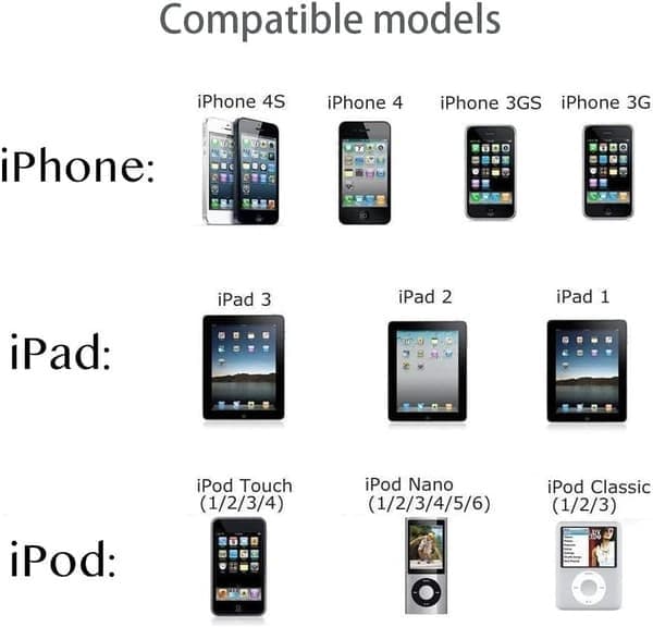 Lader og kabel kompatibel med iPhone 4/4S, iPad 2/3/1, iPod Nano/Touch