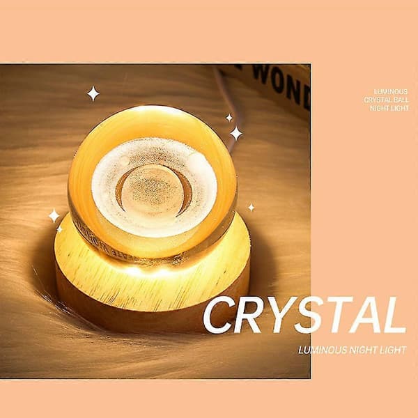 [zd] 3D Planet Krystallkule Nattlys, Krystallkule med Trebase, 3D Gravert Solsystem Planeter Krystallkule, Hjemmedekorasjon Saturn