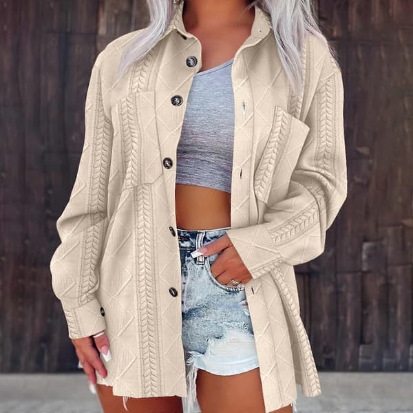 Oversized Shacket-jacka för kvinnor, knäppt skjorta med kabelstruktur, avslappnad långärmad lös jacka vit S White S