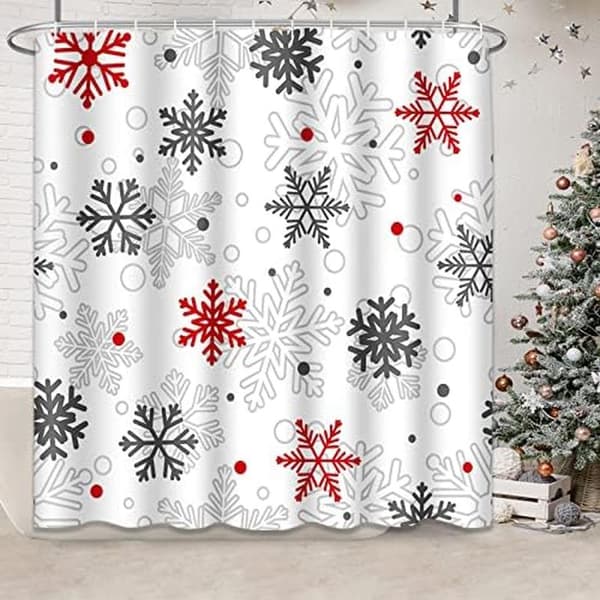 Duschdraperi Jul med Stora och Små Snöflingor Röd Grå Hem Badrumsdekoration Polyestertyg Vattentätt 183 x 183 cm
