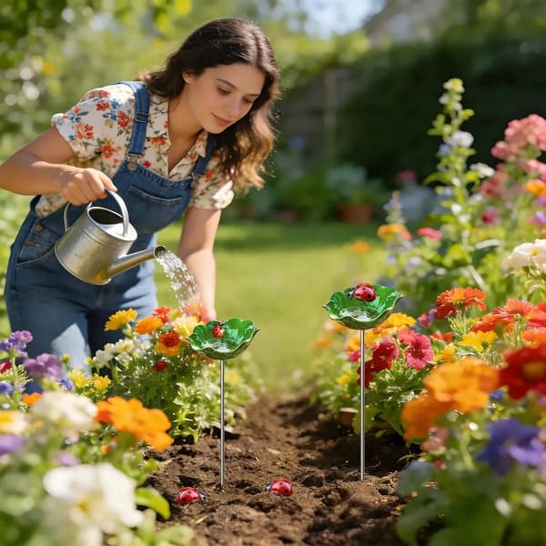 [zd]Fuglebad i metal formet som en blomst, foderautomat på spyd og havepynt til terrassen og plænen