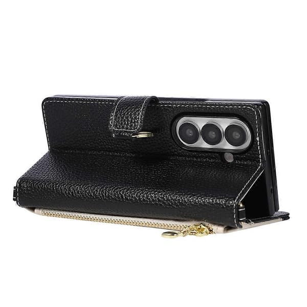 Kompatibel med Samsung Galaxy Z Fold8 Ultra Plånboksfodral Triangulär skarvning Dragkedja Läder Telefonfodral med handledsrem Black