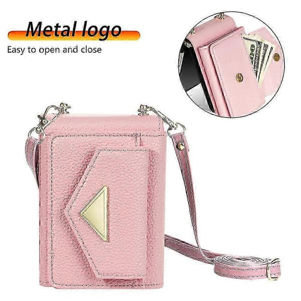 Compatible with Samsung Galaxy Z Flip7 5G Case Card Slots PU + PC Phone Case with Long Strap Pink