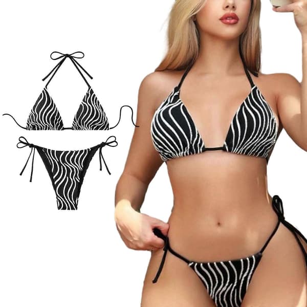 Dame Trekant Bikinisæt Højtskåret Slips Side 2 Stykker Badedragter String Halter Bikinis Badedragter sort 2 L[zd] black 2 L