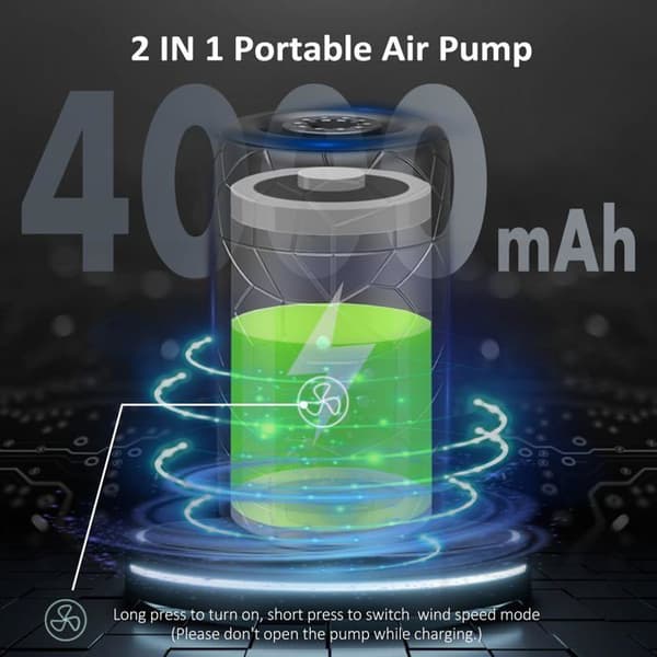 4000mAh Elektrisk Luftpump - 2-i-1 (Pump + Vakuumpump) - 250 L/min - 4 Munstycken
