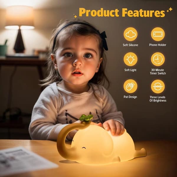 Nattlampe, Elefant Nattlampe, Barnerom, Matsikker Silikon, Dimbar, USB-Lading, Søt Elefant