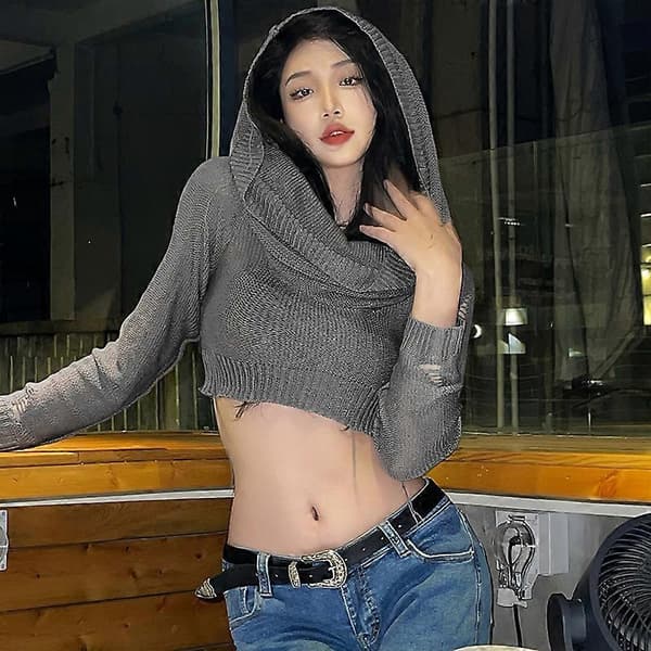 Trendy ny langærmet crop top med hætte til kvinder, crop top i crop top-model grå grey M