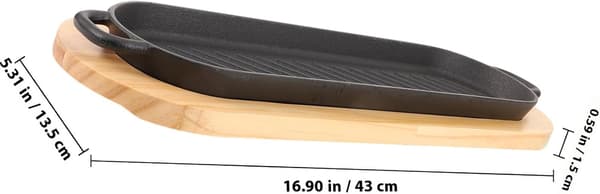 Støpejerns biffplate med serveringsbrett i tre, grillpanne med doble håndtak