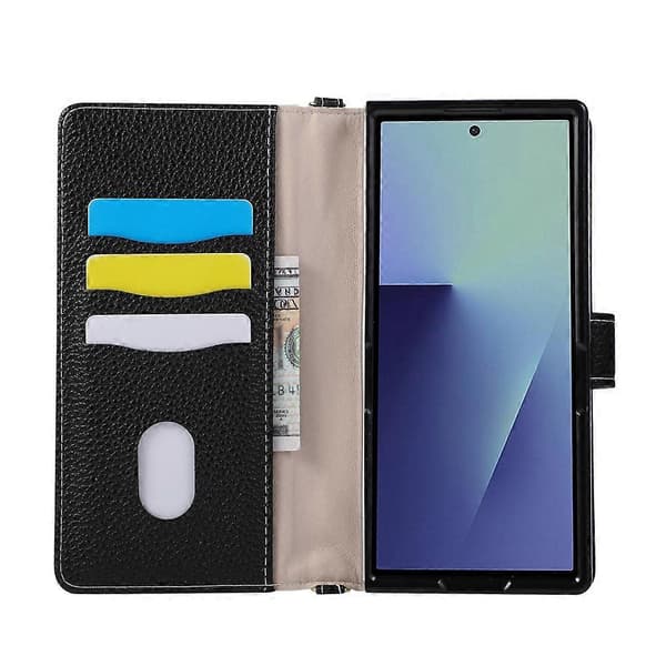 Kompatibel med Samsung Galaxy Z Fold8 Ultra Plånboksfodral Triangulär skarvning Dragkedja Läder Telefonfodral med handledsrem Black