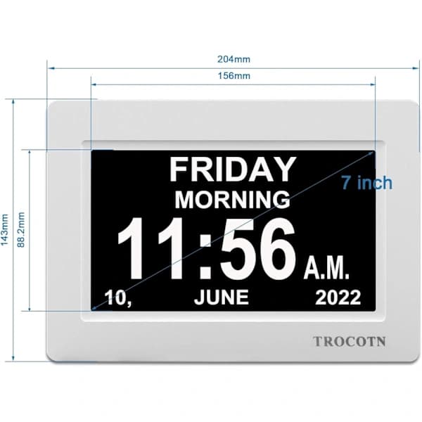 Digital klokke med dato og uke, kalender med ukedagsvisning (7 tommer hvit) Hvit White