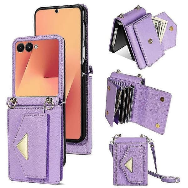 Compatible with Samsung Galaxy Z Flip7 5G Case Card Slots PU + PC Phone Case with Long Strap Purple