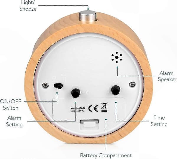 Retro väckarklocka i trä med snooze och ljus - Tyst analog bordsklocka för sovrum eller kontor Hellbraun