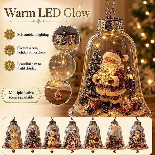 LightUp klockformad julberättelseprydnad, minisemesterscen med varma LED-lampor, charmig hängande festlig minnessak till jul, C C