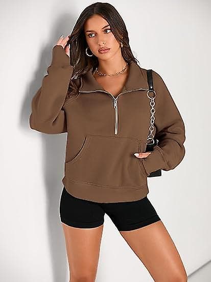 Dame trøjer Halv lynlås Cropped pullover Fleece Kvart lynlås Hoodies Efterårstøj Tøj Tommelfingerhul Brun, M