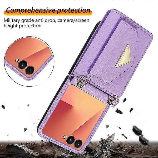 Compatible with Samsung Galaxy Z Flip7 5G Case Card Slots PU + PC Phone Case with Long Strap Purple