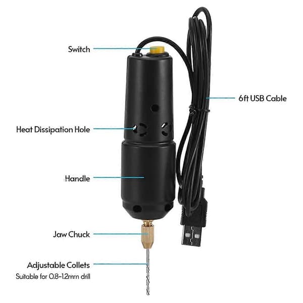 Mini Drill for Jewelry Making, Electric USB Drill Set with 10 0.8 to 1.2mm Drill Bits for Resin Casting