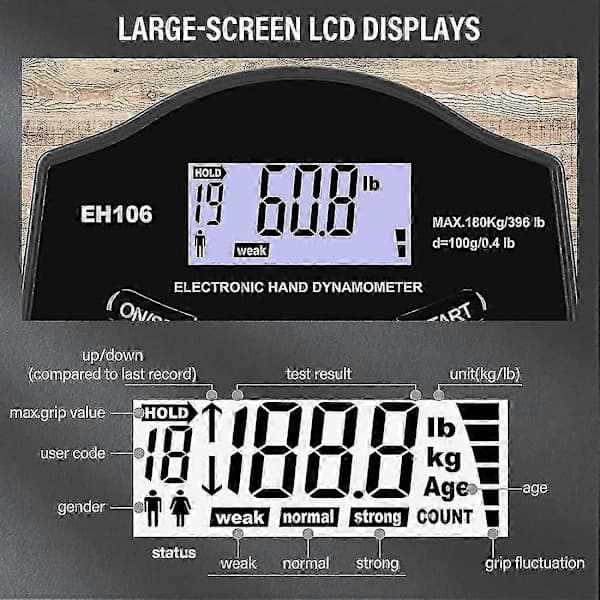 [zd]Gripstyrketester, 396Lbs/180Kg Digital Hånddynamometer Grep Styrkemåler USB LCD-skjerm Hånd