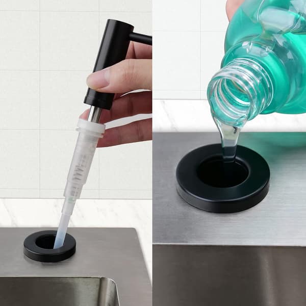 Indbygget sæbedispenser til køkken og badeværelse, med pumpe i rustfrit stål, 500 ml flaske, topfyldning, sort