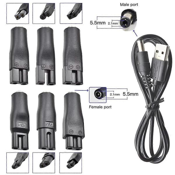 7 stk. strømkabel 5V erstatningsoplader USB-adapter til elektriske hårklippere, skægtrimmer, barbermaskiner, skønhedsinstrumenter