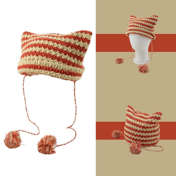 Hög elastisk vindtät kattöronmössa stickad randig mössa för kvinnor män Håll öronen varma mössa med dinglande pompoms dekor röda ränder red stripes