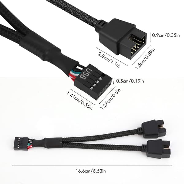 USB-header, 2 stk. USB 2.0 9-pin hun til dobbelt 9-pin han forlængerkabel, bundkort 9-PIN USB2.0 header splitter nylonflettet