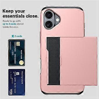 Kompatibelt Skal för iPhone 16, Dubbla Lager TPU + PC Telefonskal med Skjutbart Kortfack (Rosa)