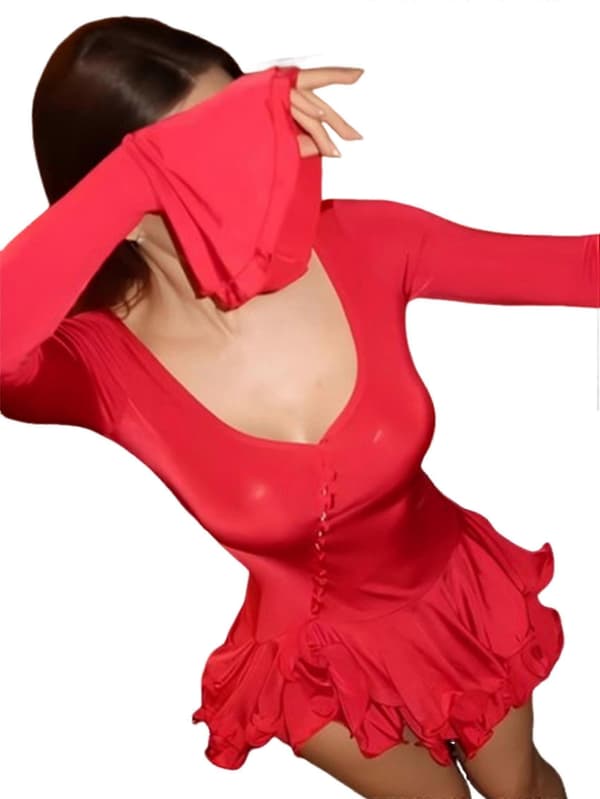 Dam Långärmade Klänningar Djup V-ringning Utsvängd Volangklänning Bodycon Party Miniklänningar Röd One Size Red Red One size