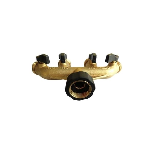 Solid messing 4-veis slangesplitter med stengeventiler, kran og 1,9 cm uttak. Kan bruke opptil 4 slanger samtidig.