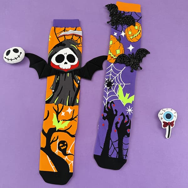 Halloween-knæstrømper til børn med 3D-vinger, kranier og græskar til udklædning Gul/Lilla Yel/Pur 2-3Y
