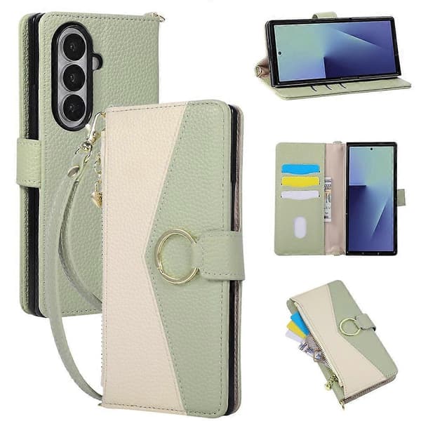 Kompatibel med Samsung Galaxy Z Fold8 Ultra Plånboksfodral Triangulär skarvning Dragkedja Läder Telefonfodral med handledsrem Green