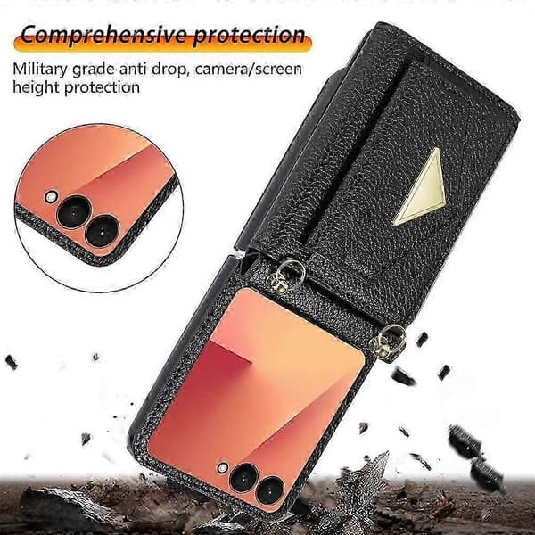 Compatible with Samsung Galaxy Z Flip7 5G Case Card Slots PU + PC Phone Case with Long Strap Black