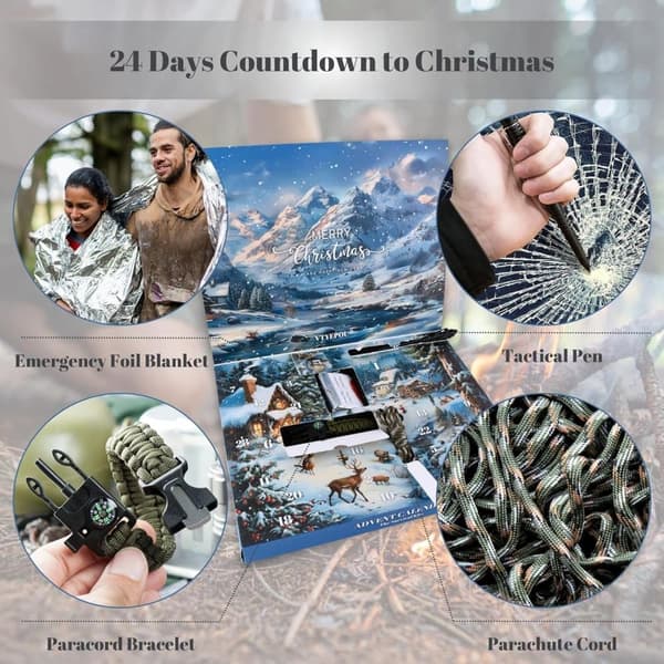 2026 Adventskalender Survival Kit – 24 Dagar Julkalender med Överlevnadsverktyg | Julklapp
