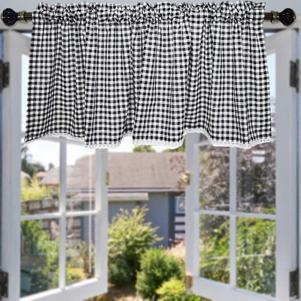 Halvgardin för badrum och kök Spetsfönstergardin, Rutig Stång Rustik Halv Black 150x60cm