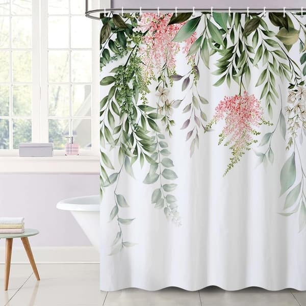 Grønne Blader Dusjforheng, Eukalyptus og Rosa Blomst Dusjforheng, Anti-Mugg Vanntett Badeforheng, Vaskbart Polyester Stoff Baderomsforheng