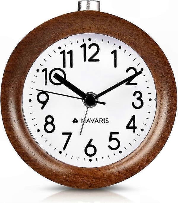 Retro väckarklocka i trä med snooze och ljus - Tyst analog bordsklocka för sovrum eller kontor Dunkelbraun