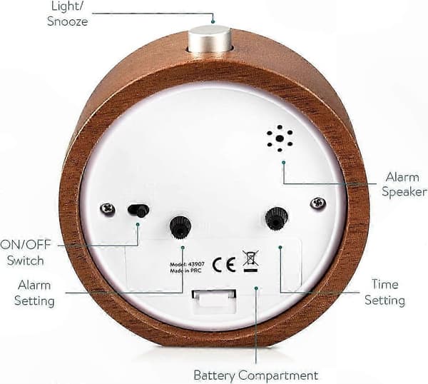 Retro väckarklocka i trä med snooze och ljus - Tyst analog bordsklocka för sovrum eller kontor Dunkelbraun