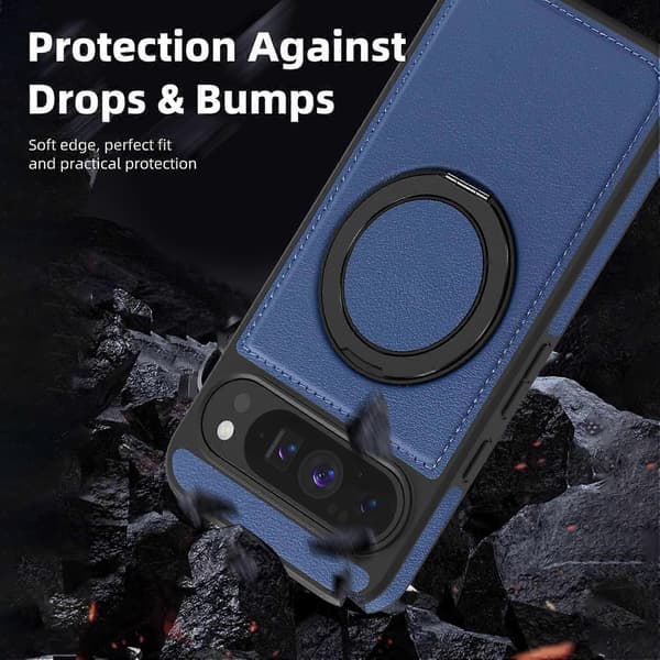 Compatible with Google Pixel 10 Pro XL Case with Ring Stand Compatible with MagSafe PU Leather Back Azure Azure Sapphire
