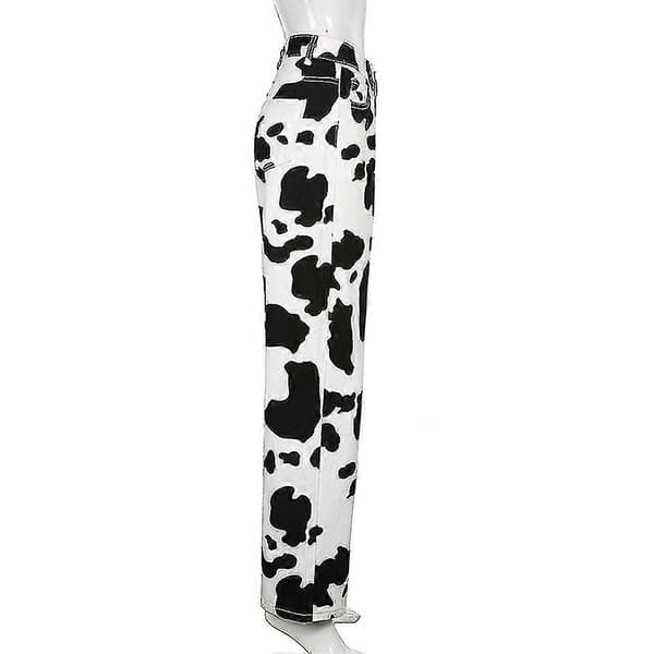 Højtaljede jeans med komønster til damer, løse lige bukser til forår/sommer Sort hvid Black white M